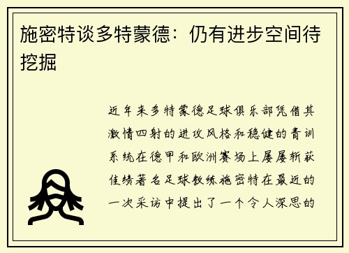 施密特谈多特蒙德：仍有进步空间待挖掘